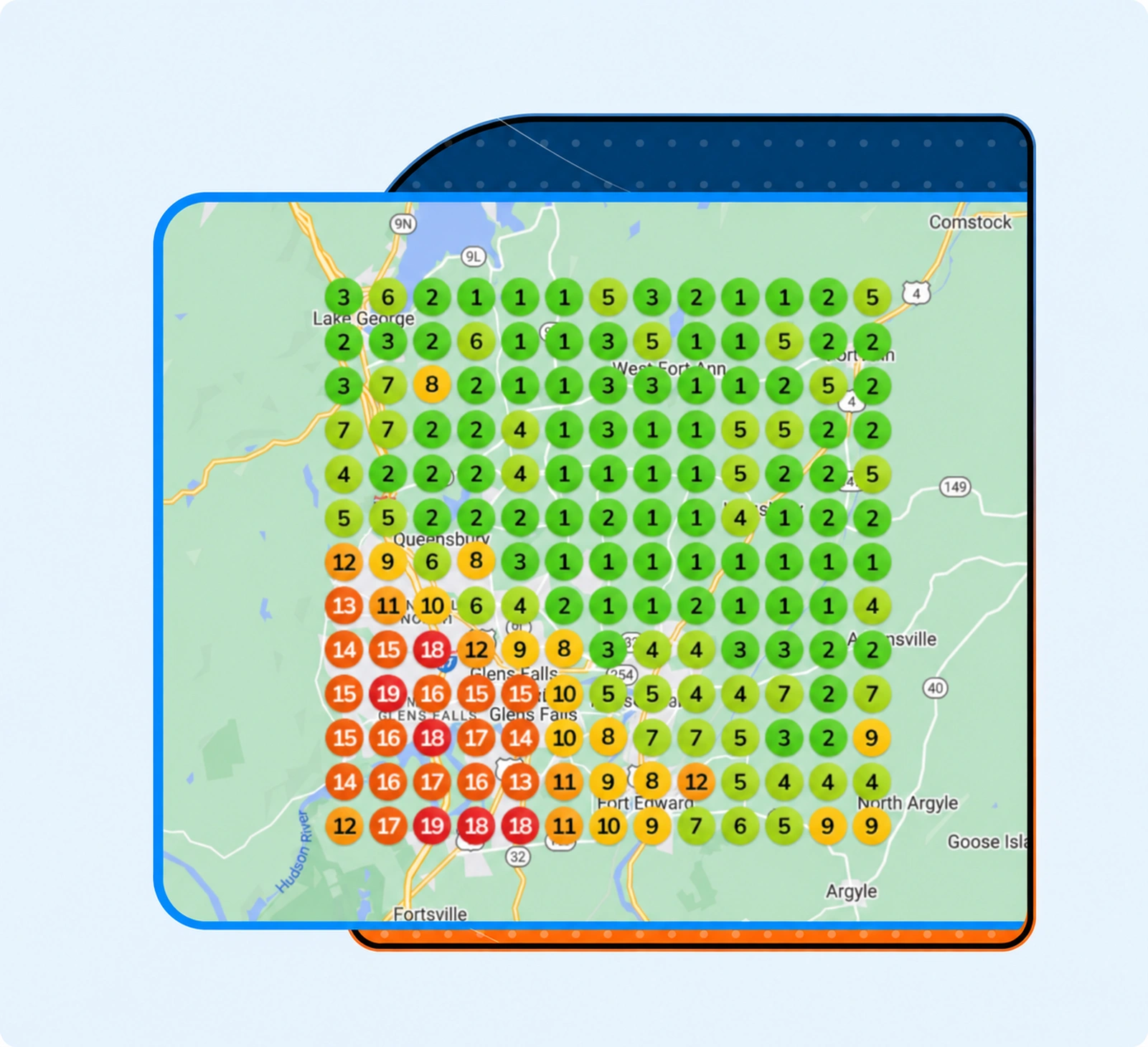 Google Maps ranking grid showing strong green top-3 positions across most of the service area, with a few weaker spots in the southwest corner.