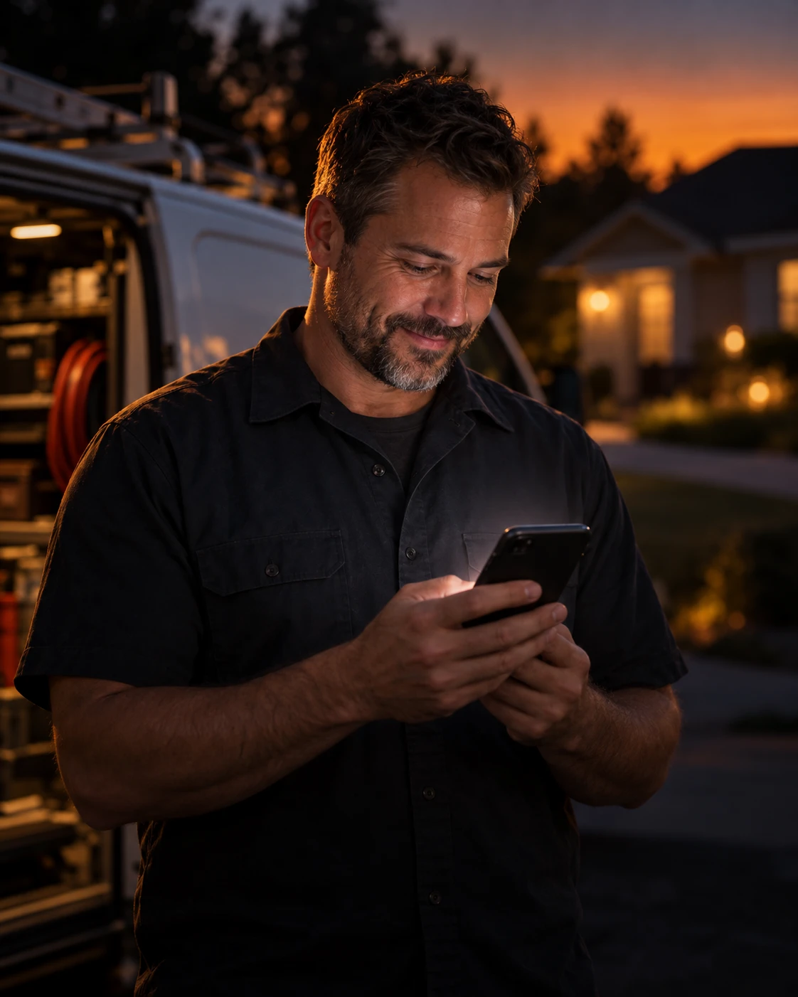 Service business owner standing by his work van at sunset, smiling at his phone