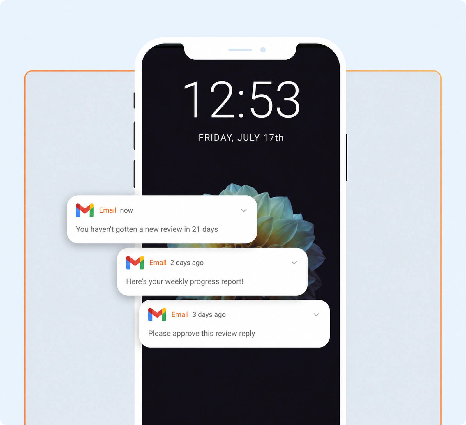 Phone lock screen with notifications for a weekly progress report and a review reply to approve